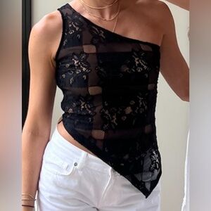 With Jean Patchwork One Shoulder Lace Top